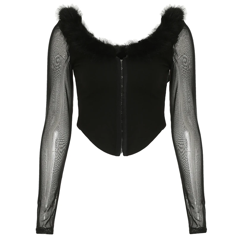 Top corto de cuello redondo peludo con retazos para mujer, camiseta de malla Y2K de manga larga con hebilla de gancho ajustada, conjuntos de moda sexy para dama