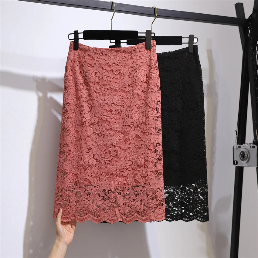 

Gowyimmes 2023 New Big Size Women Lace Skirt Elegant Lady High Waist Skirts Slim Female Hip Pakadge Skirt Bottomings Midi PD1562