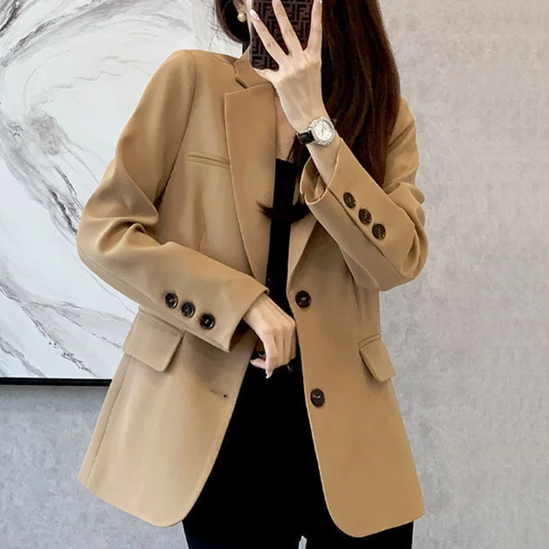 Fashion Loose Button Pockets Korean Blazer Female Clothing 2023 Autumn New Casual Tops All-match Office Lady Blazers