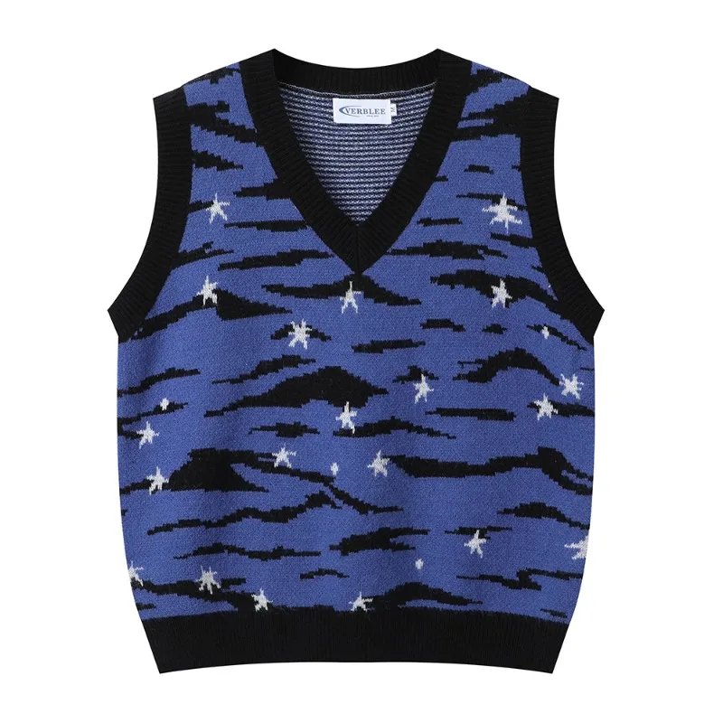 

V-neck Leopard Print Fashion Casual Men's Vest Sweater Color Matching Comfortable Soft Loose Knit Couple Street Harajuku Vest