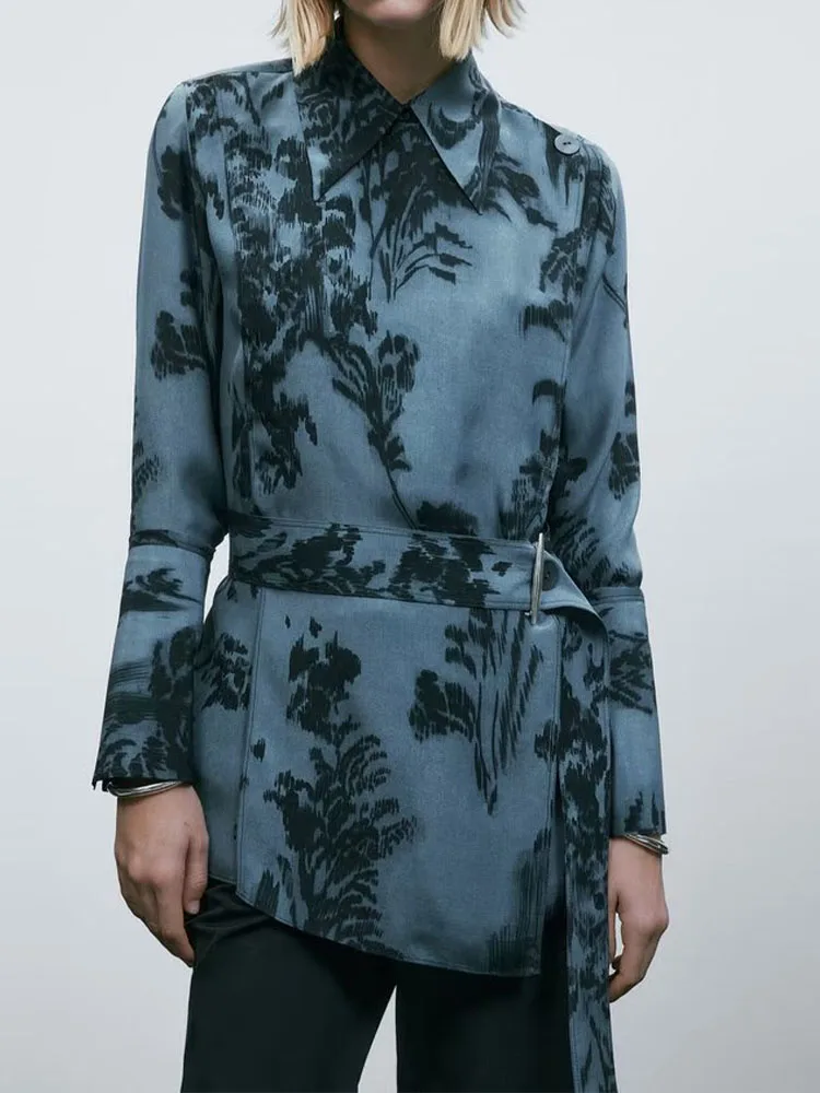 

Женская приталенная Блузка с поясом, винтажная блузка с длинным рукавом и принтом, на пуговицах, шикарные топы, новинка 2023