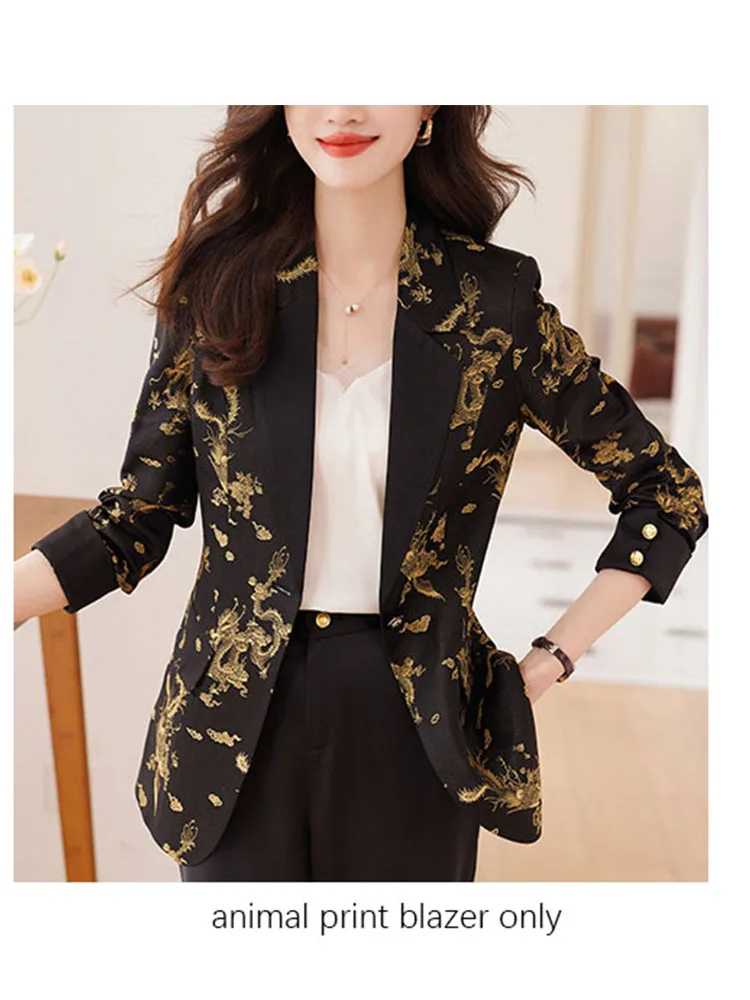 Tesco Autumn Women's Animal And Letter Print Blazer Pants Suit Black Formal Jacket Wide Leg Long Pants For Office Lady