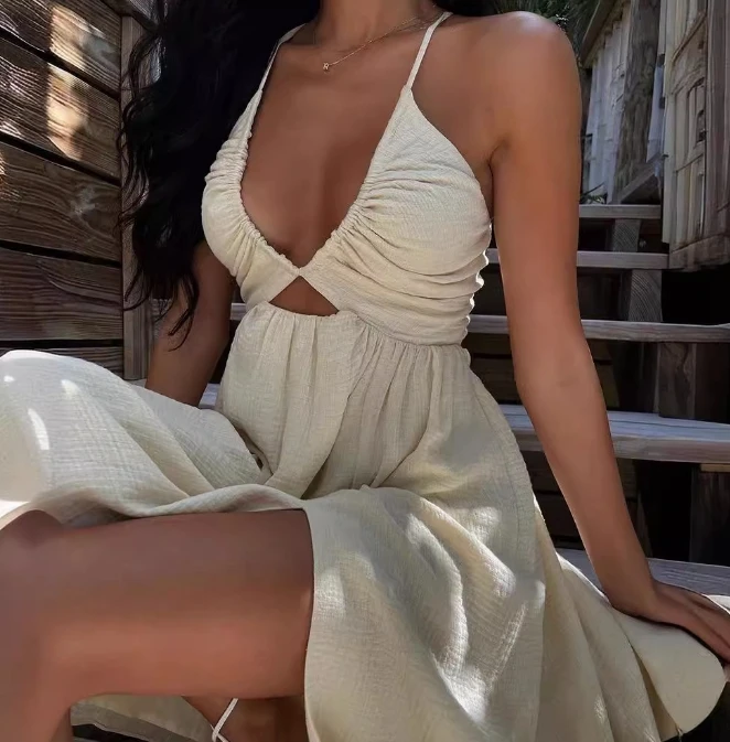 

New hollow open back slit mid length dress