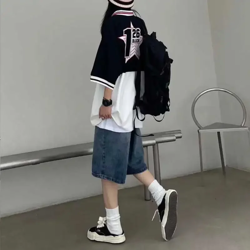여성용 하이 스트리트 레트로 청바지 반바지, 헐렁한 와이드 레그 데님, 하프 팬츠, 패션 스트리트웨어, Y2k 의류, 오버사이즈, 여름 신상