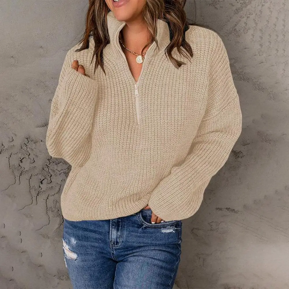 

Simple Fashionable Sweater Stylish Women's Turtleneck Knitted Sweater Zipper Neckline Long Sleeve Pullover Solid for Office