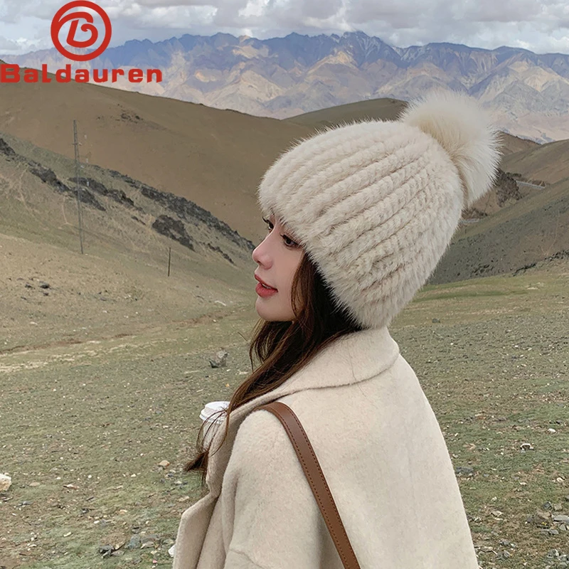 Real Mink Fur Hat For Women New Brand Thicken Female Fur Caps Ladies Winter Knitted Mink Fur Beanies With Fox Fur Pompoms Hat_voghion.com