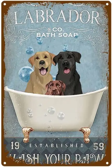 Vasca Da Bagno Cane Vintage Metal Tin Sign, Labrador Retriever Bagno Sapone Schiuma Poster Retro Toilet Cave Bar House