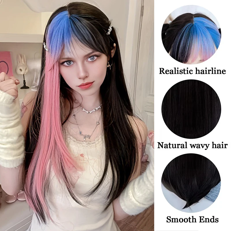 Synthetic Long Ombre Colorful Cosplay Lolita Harajuku Wig With Bangs Natural Wavy Halloween Pink Purple Blue Daily Wigs