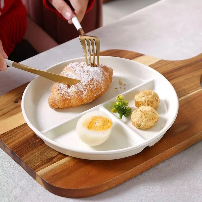 Home Ceramic Dining Plate Split Solid Color Three Grid Circular Divided Plate Breakfast