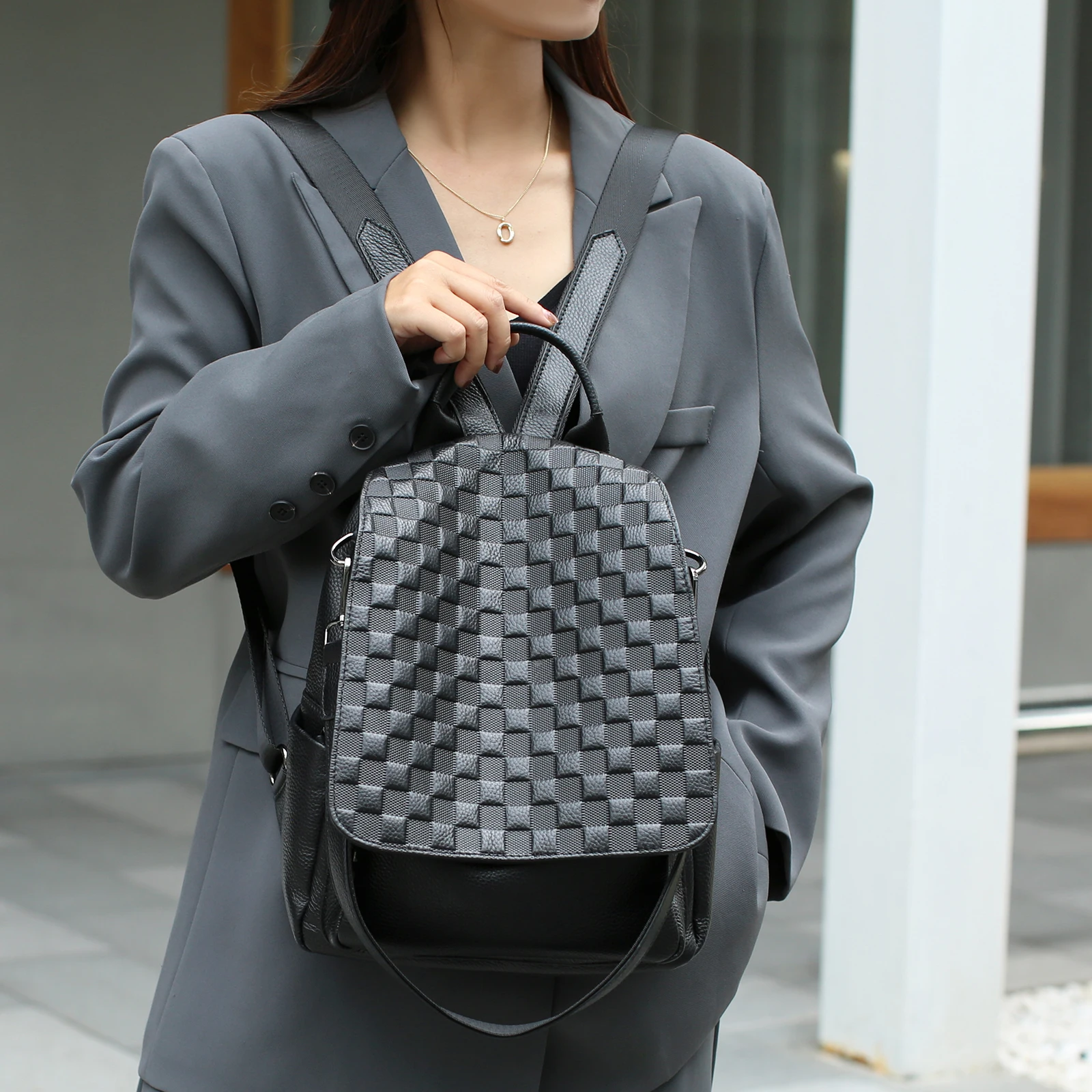 MIYA GARDEN Women's Genuine Leather Shoulder Bag Women Backpacks Square Embossed Luxury Backpacks High Quality Shoulder Bag