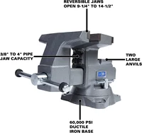 Reversible Bench Vise 8" Jaw Width 9-1/4" & 14-1/2" Jaw Opening, 4-3/4" Throat Dual lockdowns and a 360° swivel base 2