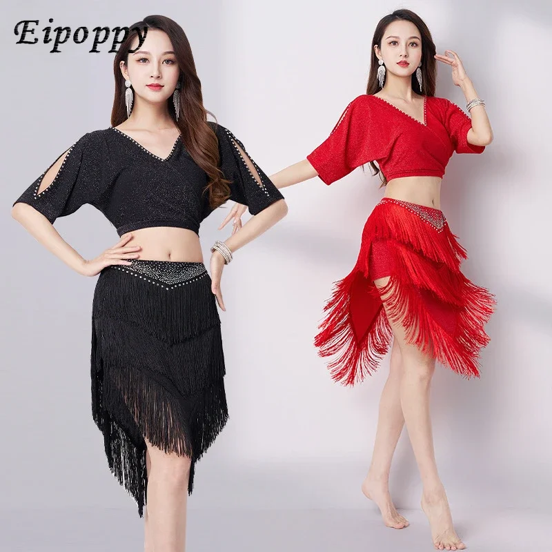 

Belly Dance Practice Clothes Summer New Sexy V-neck Tassel Dress Dance Latin Costume Female