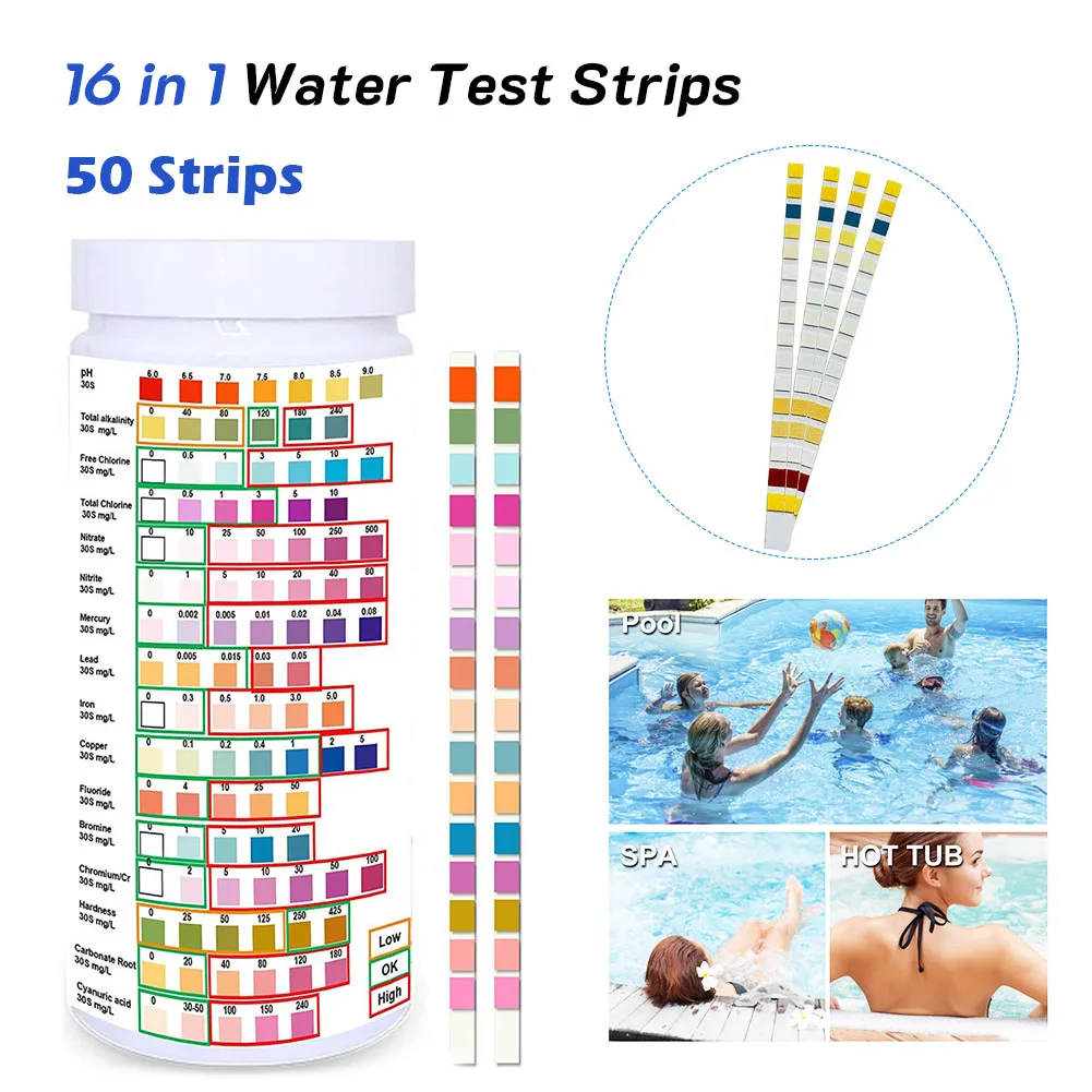 50 Pcs PH Test Kit 16 In 1 Drinking Water Test Strips Water Quality Hardness Test Strips For Home Swimming Pool Water Quality 50 pcs pool and spa test strips