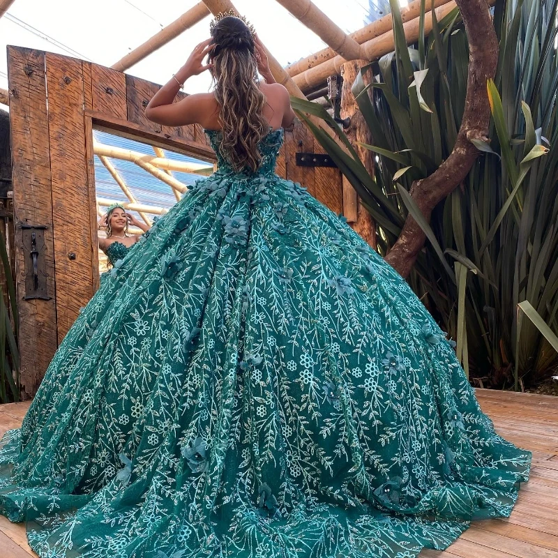 

Blackish Green Princess Quinceanera Dresses Off Shoudler Sparkly Applique Lace Beads Corset vestido de festa 15 anos 2024