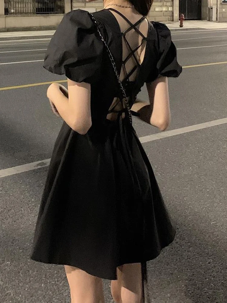 

QWEEK 2022 Summer Backless Black Mini Dress Women Gothic Harajuku Wrap Puff Sleeve Dresses Short Sleeve Korean Fashion Kpop
