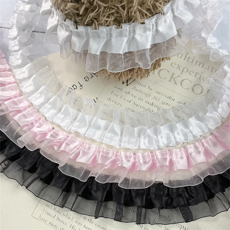 4CM Wide Double Layers Pleated Lace Fabirc Ribbon Needlework Ruffle Trim Lolita Dress Apparel DIY Sewing Decor lace ribbon lace sewing supplies lace sewing accessories lace decoration lace garment accessories lace accessories lace fabric clothing accessories
