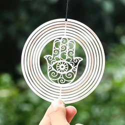 Elevate Your Outdoor Space with a 3D Flowing Wind Spinner - Stainless Steel Mirrored Hanging Decor - Silver color (Hand Of Fatima)