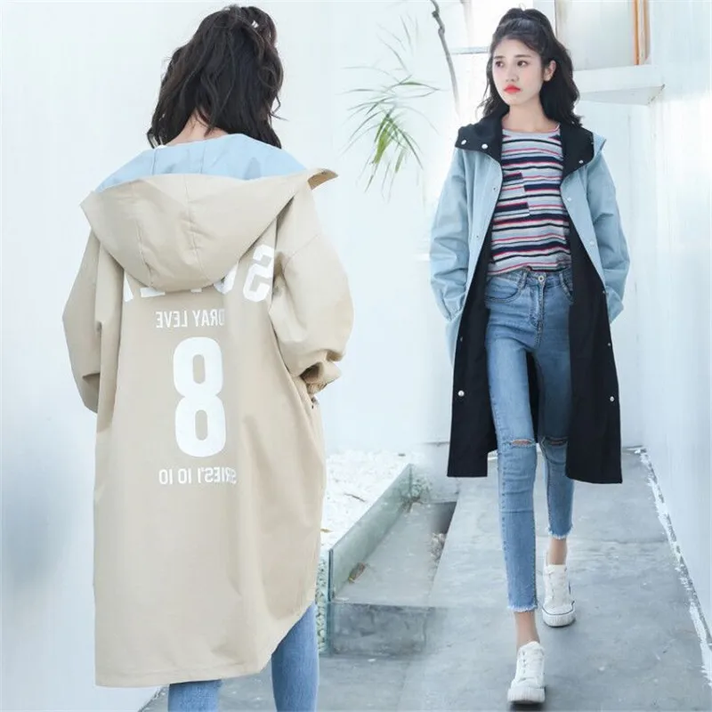 

Large Size Trench Coat Autumn Women Casual Windbreaker Female Long Sleeve Hooded Overcoat Single-breasted Letter Print Outerwear