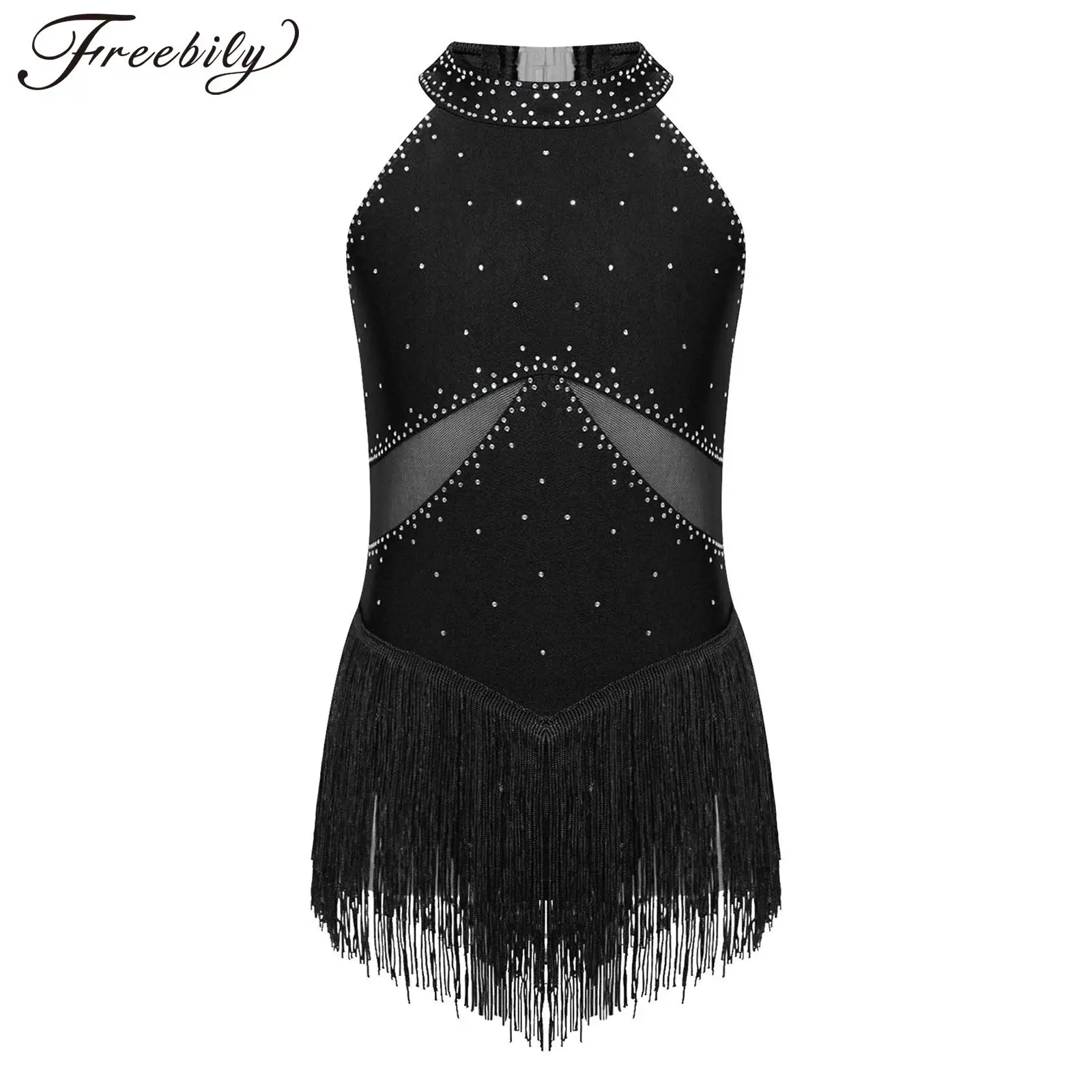 Kids Girls Latin Dance Leotard Dress Figure Skating Tango Cha-Cha Performance Costume Sleeveless Rhinestone Mesh Tassel Bodysuit