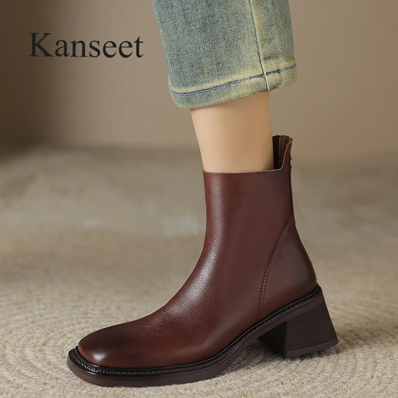 

Kanseet Vintage Women Short Boots 2023 Autumn Winter High Quality Genuine Leather Shoes Concise High Heels Ankle Boots Brown 40