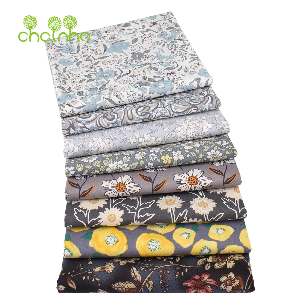 Chainho,Printed Plain Weave Poplin Cotton Fabric,Gray Floral Series,DIY Sewing Quilting Material,Patchwork Cloth,3 Sizes,15PC99