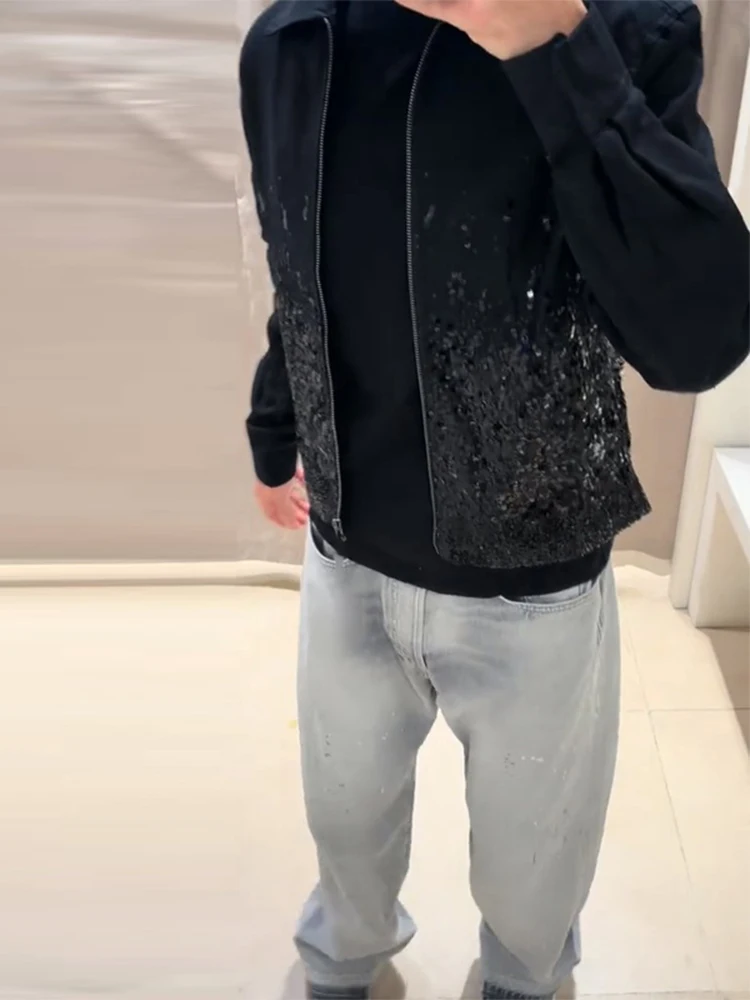 Herren-Bomberjacke, Pailletten, Revers, Reißverschluss, Jacken, Herbst 20225, glänzende lange Ärmel, lose Mäntel, Mode, Party, Nachtclub, Oberbekleidung – Detail 20