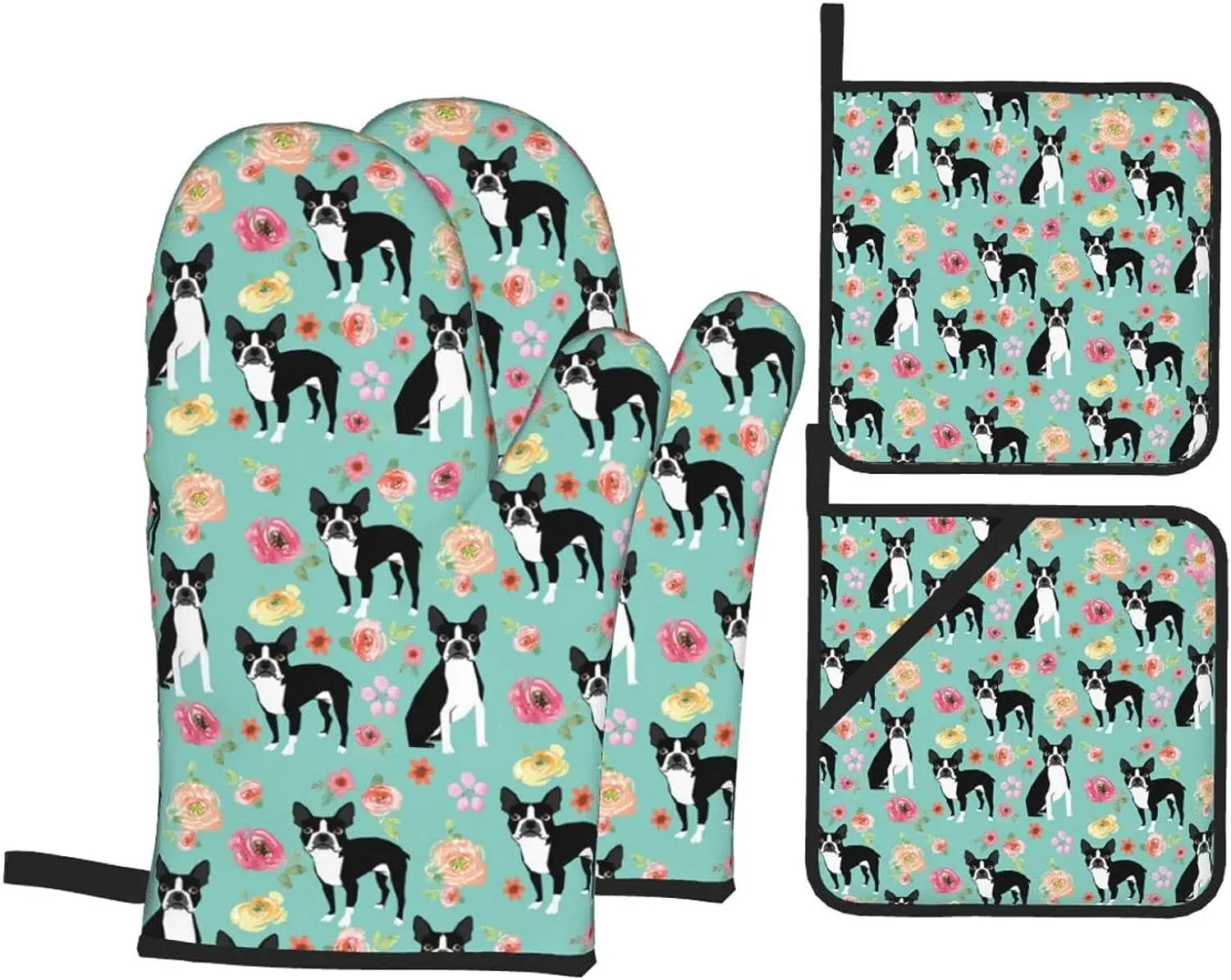 

Florals Boston Terrier Dogs Oven Mitts and Pot Holders Heat Resistant 4 Pcs Sets Waterproof Non-Slip for BBQ Cooking Baking