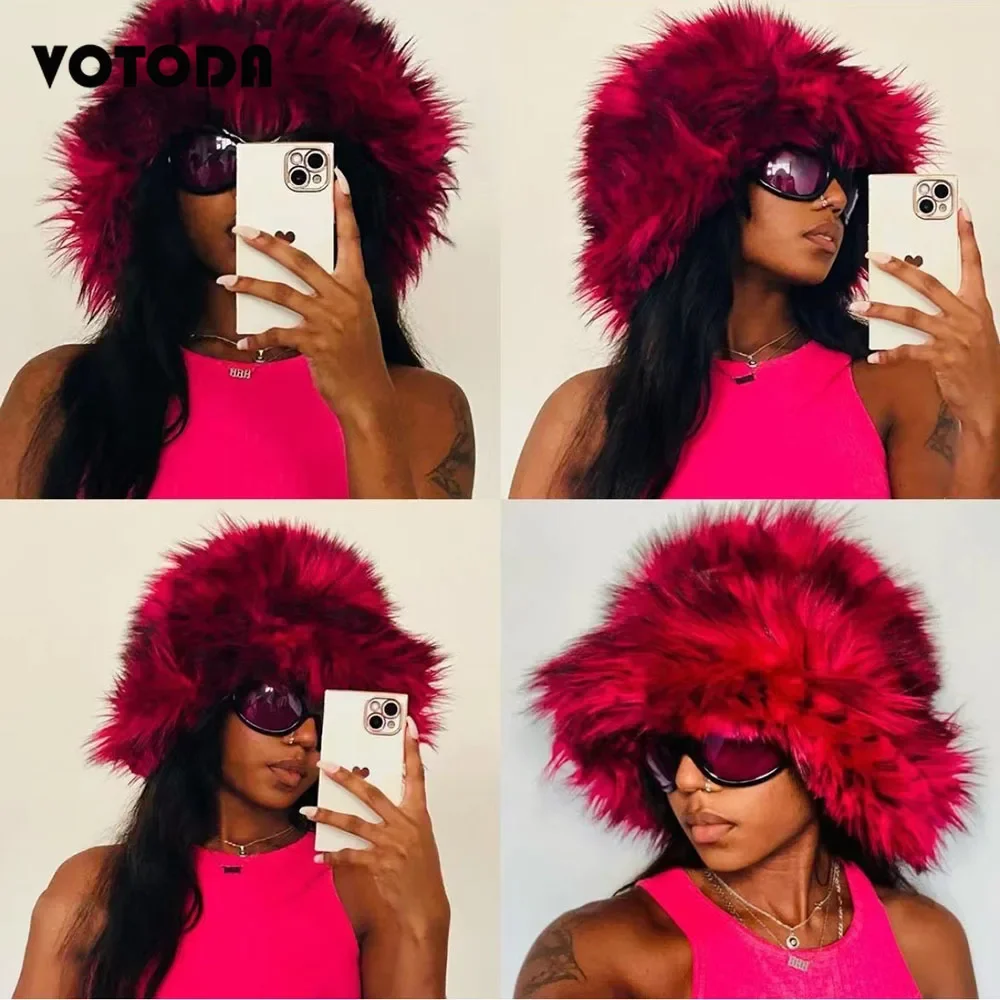 

Winter Women Faux Fur Bucket Hat Warm Raccoon Fur Hat Oversize Outdoor Punk Hat Girl Fashion Long Fur Bucket Hat Furry Cute Cap