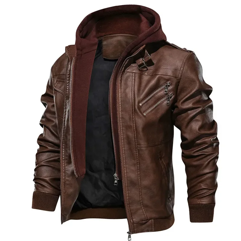 Men Leather Jackets Hooded Zipper Motorcycle Military PU Autumn Plus Size S-5XL