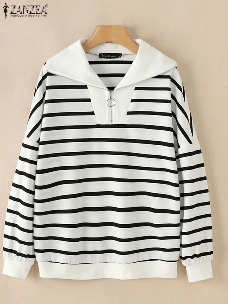 ZANZEA Women Stripes Printed Sweatshirts 2025 Casual Drop Shoulder Tops Fashion Zipper Colorblock Long Sleeve Commuting Pullover 3