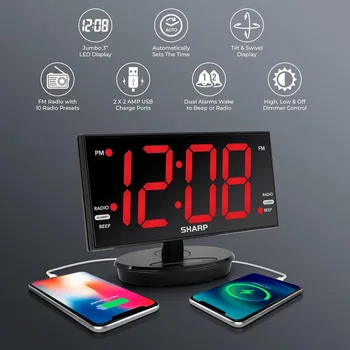 Extra Large LED Digital Alarm Clock with Tilt Display Auto Time Set Dual USB Charger FM Radio Adjustable Brightness 3
