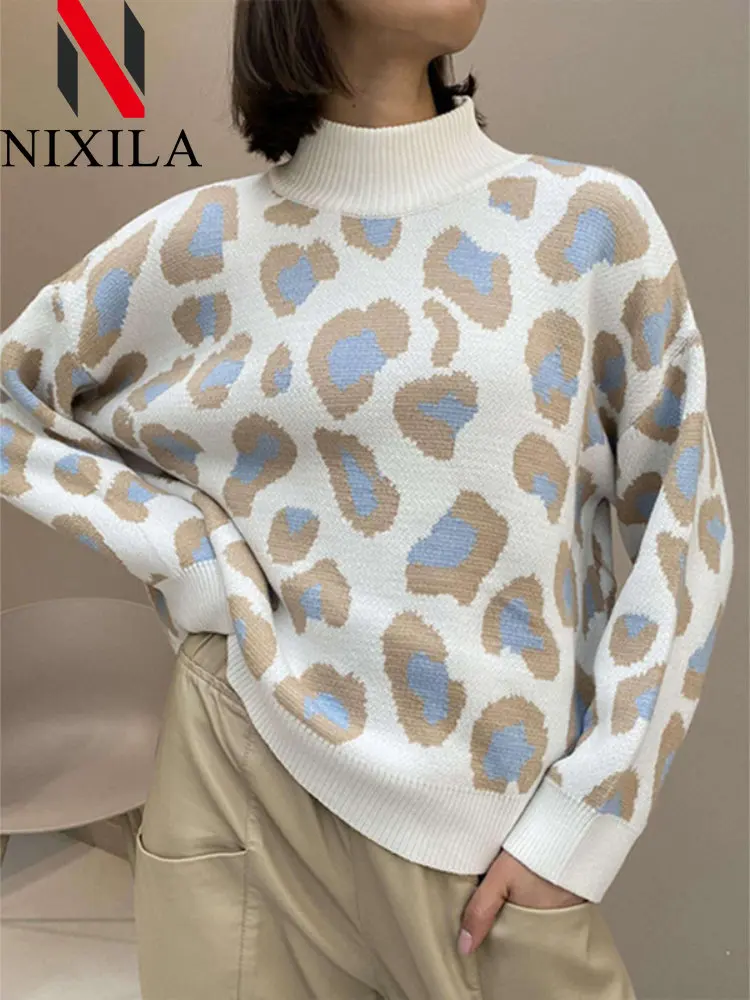 

New In Winter Women's Pullover 2023 Leopard Print Animal Tops Turtleneck Jumper Vintage Warm Knitted Sweaters for Women Clothes