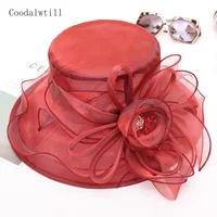 New Women Elegant Summer Organza Hat Bow Flower Sun Hat Wide Brim Fascinator Wedding Headwear Female Derby Travel Event Chapeau 2