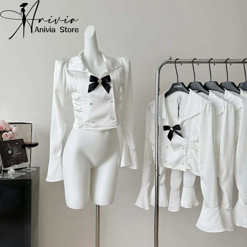 

Женская рубашка-поло с длинным рукавом, элегантная офисная белая рубашка-поло с воротником-стойкой и бантом на пуговицах, повседневная одежда во французском стиле, новинка 2024