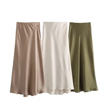 TRAF Satin Midi Skirt Woman High Waist Long Skirts For Women New Fashion 2023 Autumn Casual Elegant Party Women's Skirts