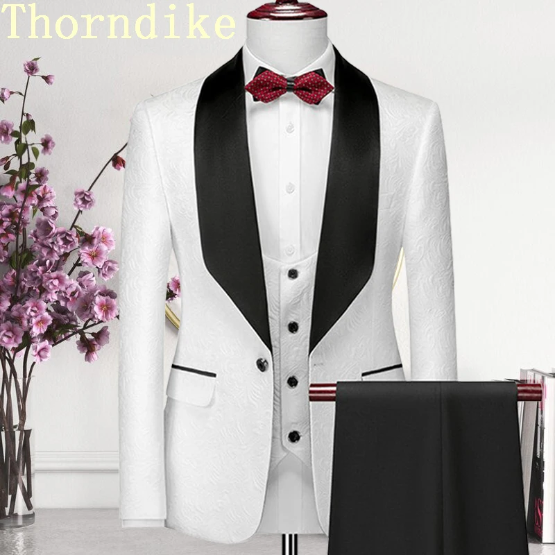 Mens Suit Thorndike Mens Wedding Suits White Jacquard With Black Satin Collar Tuxedo 3 Pcs Groom Terno Suits For Men（Jacket+Vest+Pants）mens suit