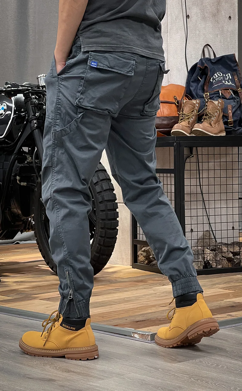 Spring new American vintage overalls men's elastic waist multi-pocket loose casual leggings large pant