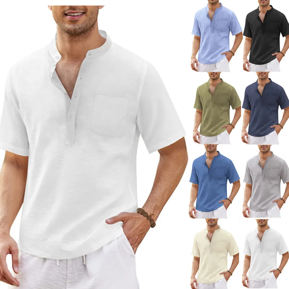 

New Arrival 2022 Summer Men's Cotton Linen Hippie Casual Pocket Short Sleeve Beach T-Shirt Men's Short Sleeve Plain Shirt