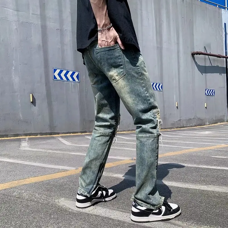 Y2K Fashion Stretch Slim Ripped Jeans Pants For Men Ankle Zipper Vintage Skinny Biker Denim Trousers men jeans ripped jeans ripped patchwork jeans