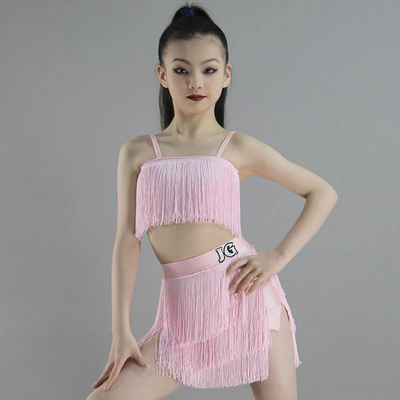 

2024 одежда для латиноамериканских танцев для девочек, розовый топ с бахромой и юбка-ча-Самба, костюм для выступлений, детская одежда для латиноамериканских тренировок DNV20038