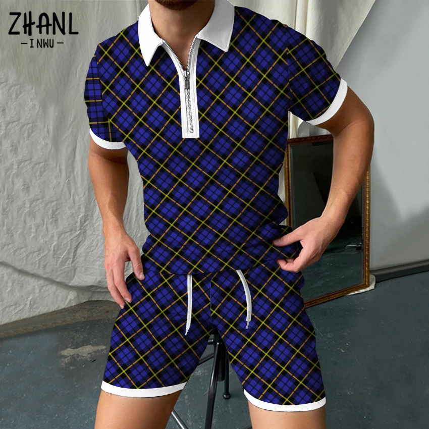 2022 summer European and American men's set 3d Printed Polo Shirt top shorts suit Casual zippered lapels shirt 2-piece sets |
