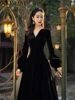 OCEANLOVE 2024 Spring Autumn Women Dresses Velvet Hepburn Style Solid Lantern Sleeve Vestidos Mujer French Vintage Long Dress 1