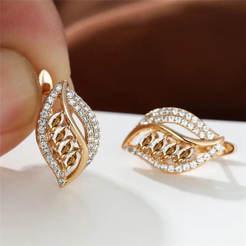 Cute Female Gold Color Wedding Hoop Earrings Pink Zircon Crystal Small Stone Leaf Wedding Jewelry For Women