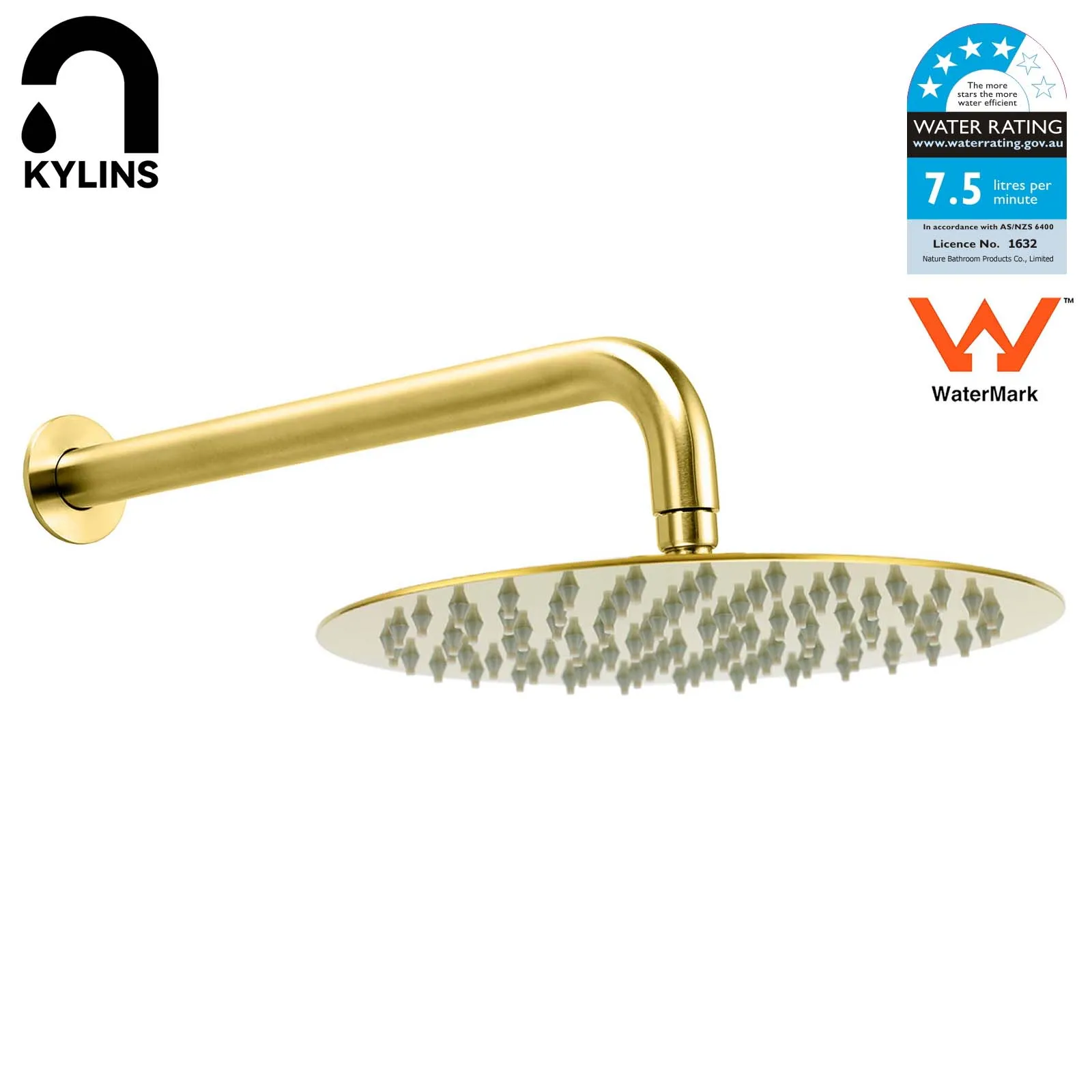 **Sydney Stock** KYLINS Round 8/10/12/16'' Rain Shower Head Set with Wall Arm Shower Arm Brushed Gold DIY WELS WATERMARK