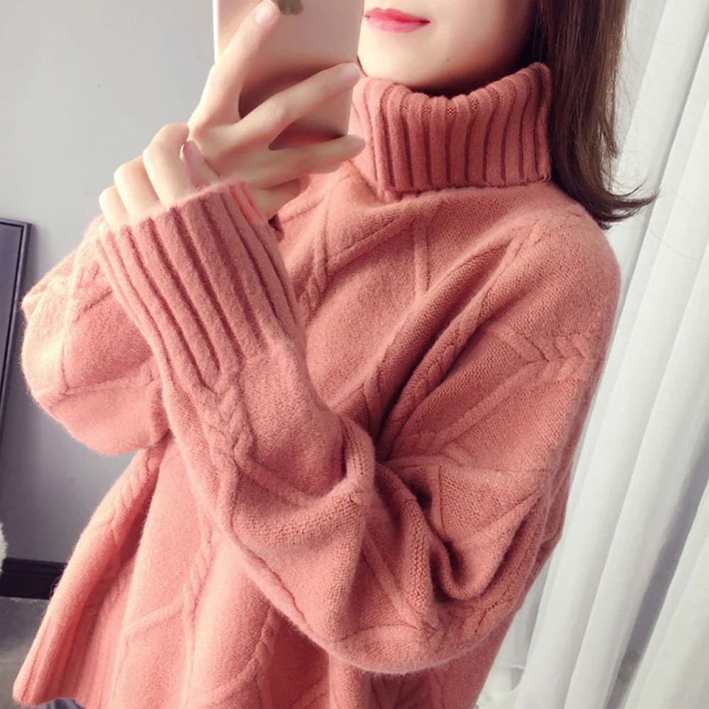 Women Geometrical Knitted Sweater Casual Turtleneck Pullover