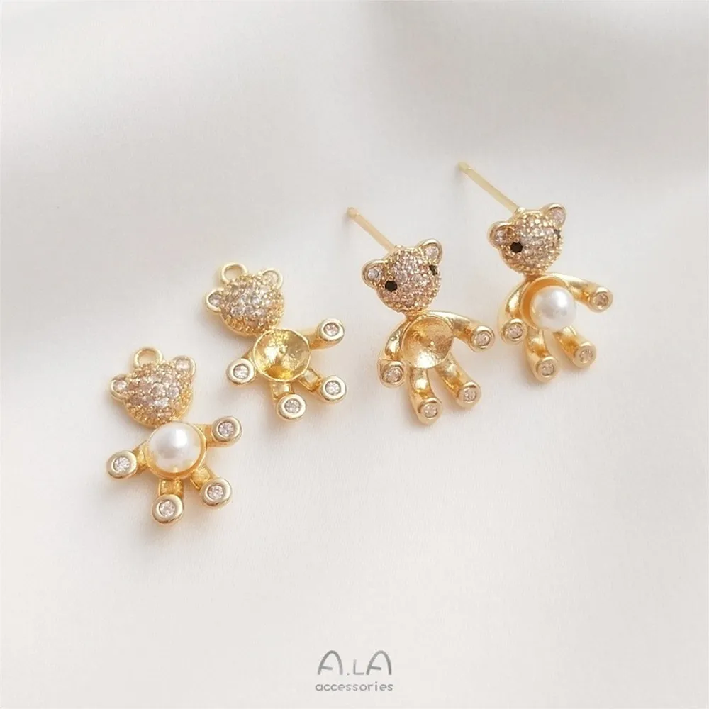 14K Gold Coated Zircon Bear Half Hole Bead Holder Pendant 925 Silver Needle Earrings DIY Inlaid Jewelry Accessories E085