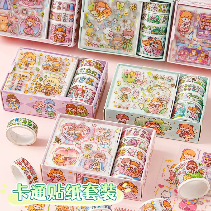 

8 PCS Box Cute Korean Sticker Aesthetic Cartoon Masking Tape Set DIY Album Planner Journal Scrapbooking Decoration Kids Gift