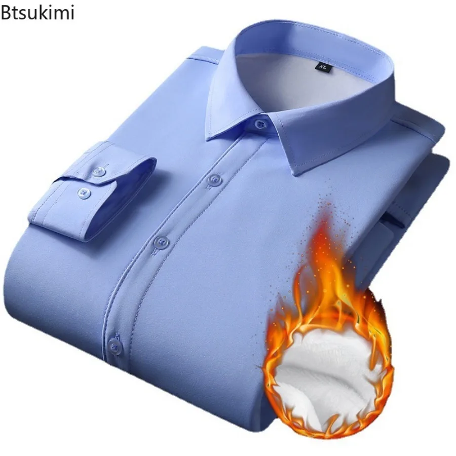 Men's Autumn Winter Long Sleeve Shirts Fleece Stretch Formal Business Office Wear M-5XL