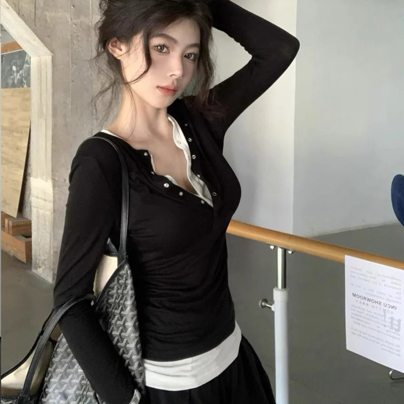 Women's Fake Two Pieces Base Layer T-Shirt Sexy V Neck Contrast Color Long Sleeve T-Shirt Autumn Casual Slim Fit Versatile Tops 1