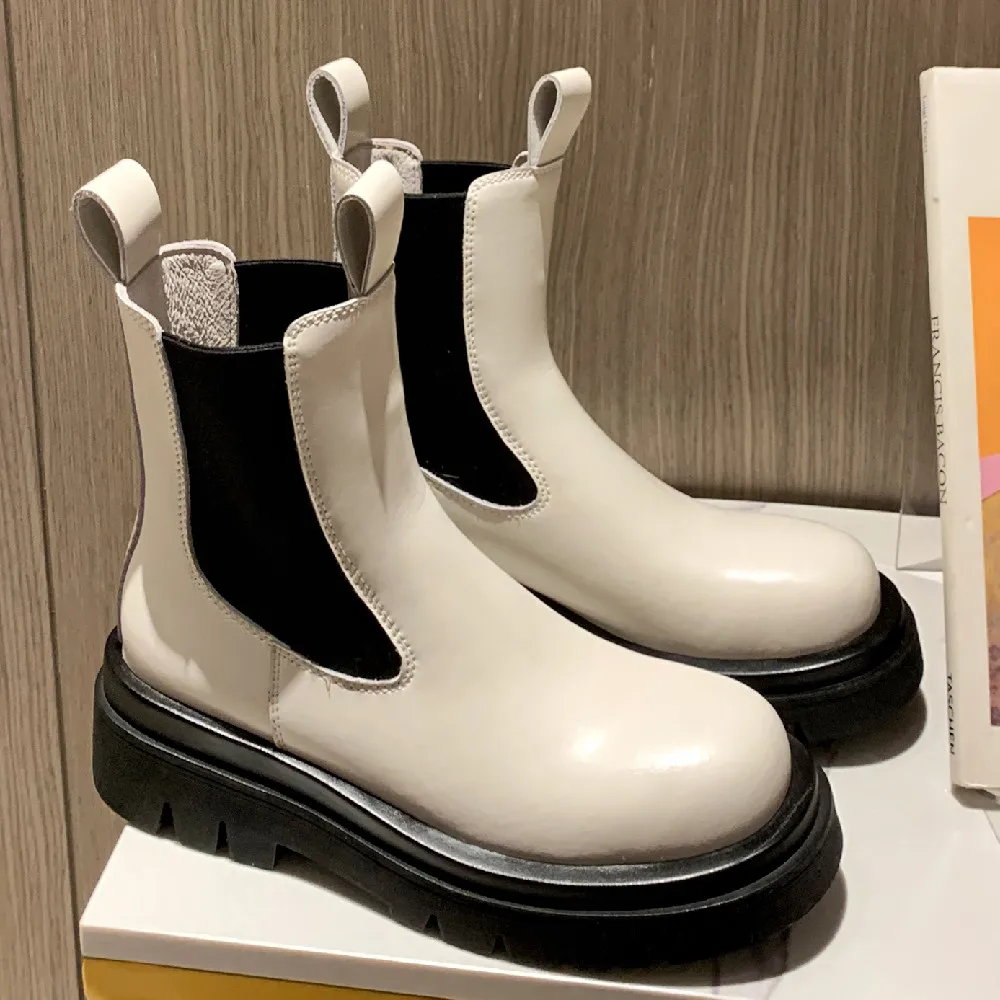 

Women's chelsea boots cow leather elalstic slip-on autumn ankle boots thick sole platform flats short booties shoes for women